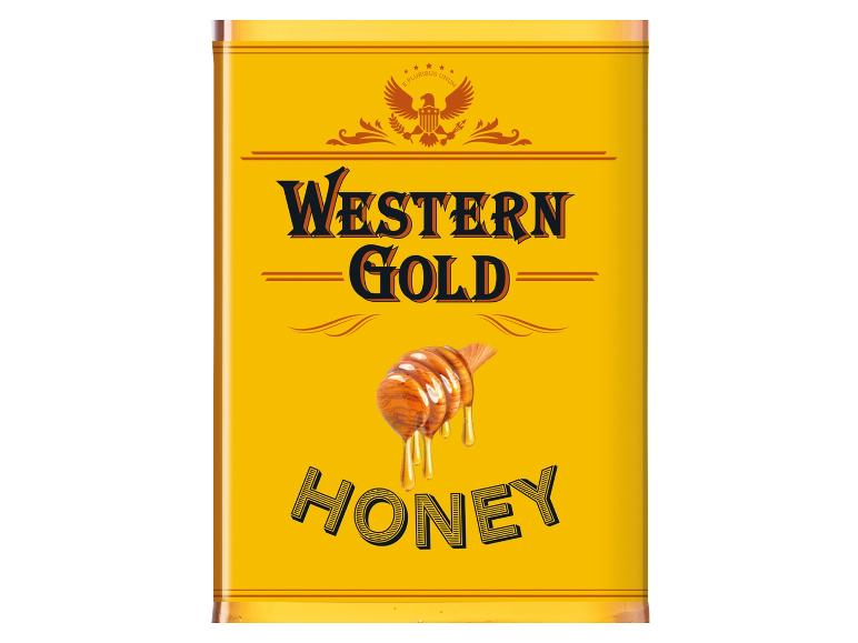 Gelbe Honigdose mit Honiglöffel und dem Text „WESTERN GOLD HONEY“.