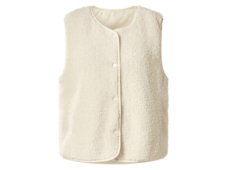 Beige Damenweste aus weichem Plüsch, mit Knöpfen.