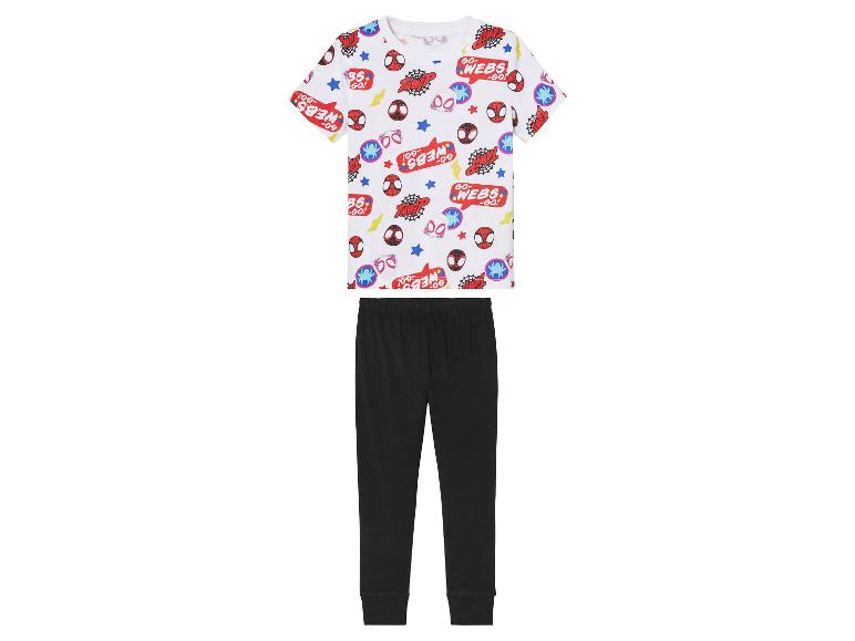 Spiderman Kinderpyjama: bedrucktes Oberteil und schwarze Hose.