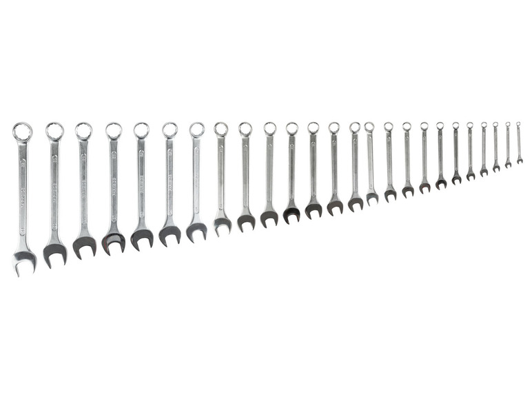 Eine Reihe von silbernen Schraubenschlüsseln in verschiedenen Größen.