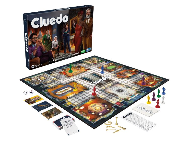 Das Brettspiel Cluedo mit Spielbrett, Spielfiguren und Karten.