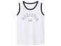 Ein weißes Tanktop mit blauem Saum und dem Aufdruck 'Athletic Wild'