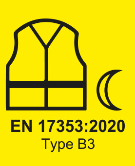 Etikett EN 17353:2020 Typ B3 mit Symbol für Warnweste und Halbmond.