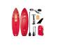 Paddleboard-Set mit zwei roten Boards, Pumpe, Paddel, Finne und Tasche.