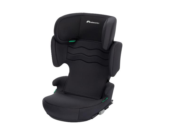 Schwarzer Kindersitz mit grünen Akzenten.