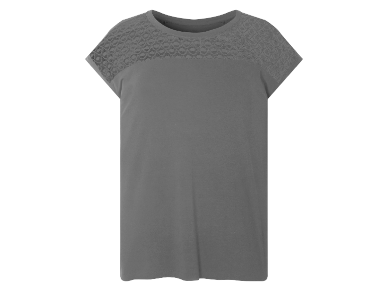 Schwarzes T-Shirt mit Spitzendetails an den Schultern.