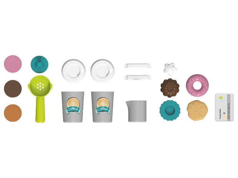 Spielzeug-Kaffeebecher, Kaffeemaschine, Donuts, Kekse und Kreditkarte.