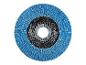 Blaue Lamellenschleifscheibe mit zentraler Metallbefestigung.