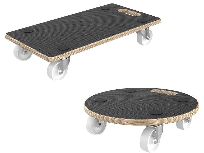 Transportroller aus Holz mit Rollen, einer rechteckig und einer rund.