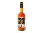 Flasche dunkler Rum mit schwarzem Etikett und goldenem Text, mit einem Segelschiff.