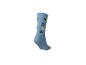 Blauer Socken mit Zahlen, gelben Sternen und einem lächelnden Gesicht mit Sonnenbrille.