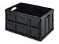 Schwarze faltbare Plastikbox.