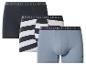 Dreierpack Herren-Baumwollboxershorts: eine marineblaue, eine schwarz-weiß gestreifte und eine hellblaue.