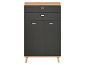 Dunkelgrauer Schrank mit zwei Schubladen und zwei Türen, mit heller Holzplatte und Beinen.