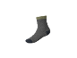 Graue Socke mit dunkelblauer Spitze und Ferse sowie olivgrünem Bündchen.