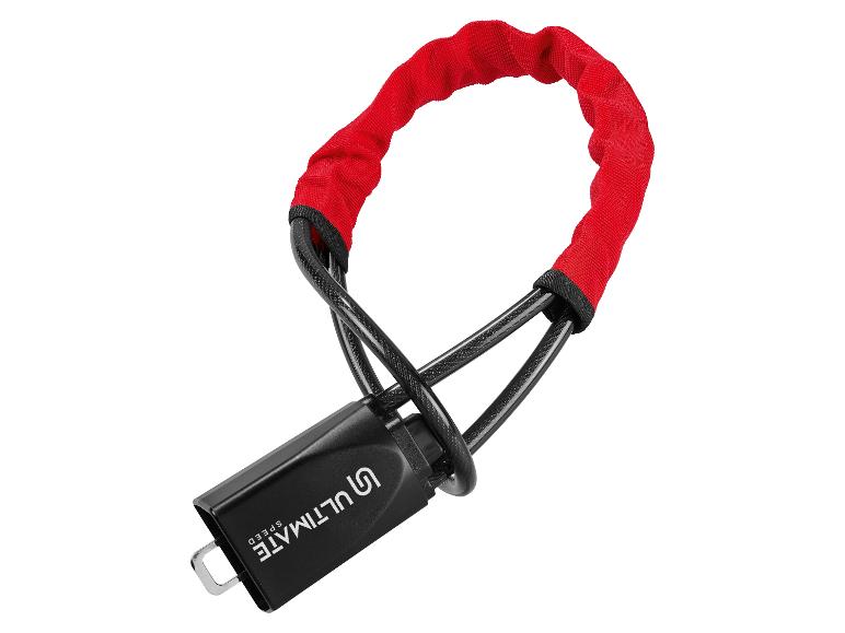 Schwarzes Fahrradschloss mit rotem Kabel und Ultimate Speed Schloss