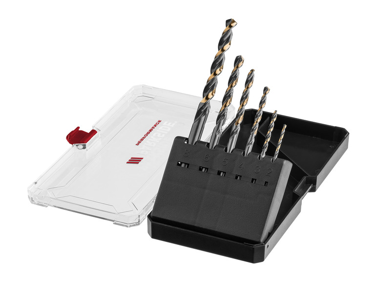 Ein Satz Irwin-Bohrer mit Goldbeschichtung in einer transparenten Box.