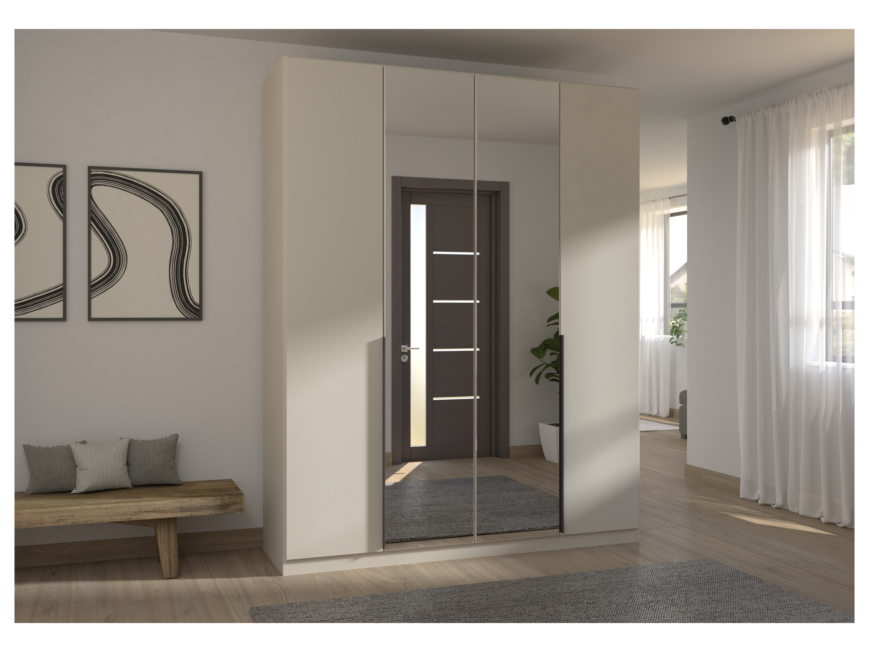 RAUCH ORANGE Drehtürenschrank Alabama mit Spiegel (Classic-Zubehör, Beige-Champagner, Griffe Grau, 181 x 229 cm) – Bild 2 von 4