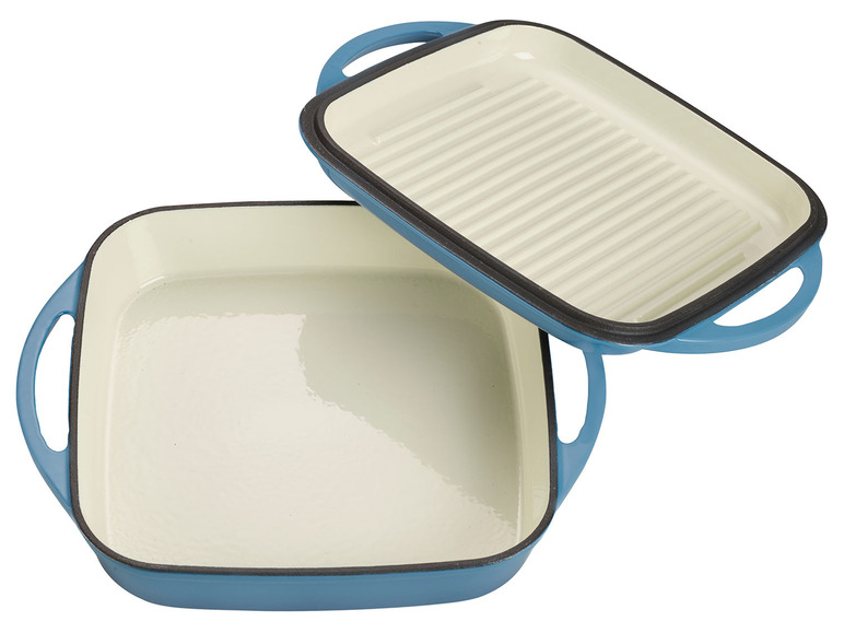 Eine blaue gusseiserne Backform mit Grillrost.