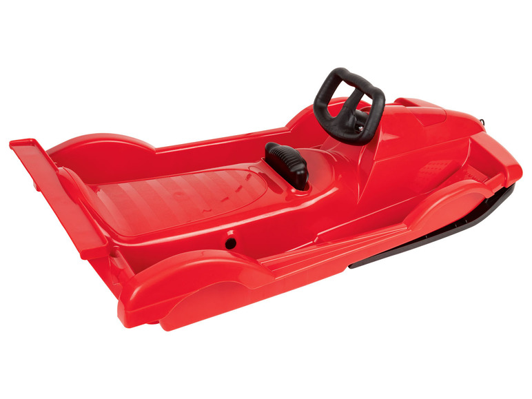 Ein roter Plastik-Schlitten mit Lenkrad.