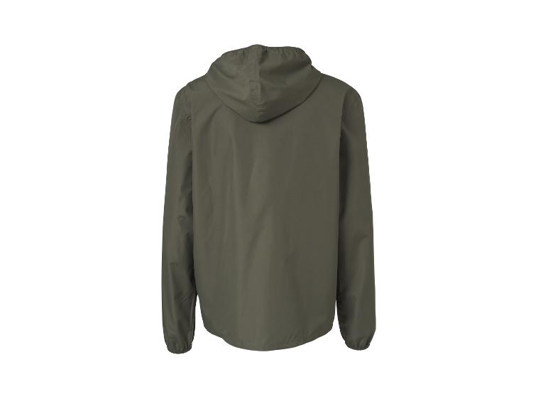 Grüne Herrenjacke mit Kapuze, Rückansicht.