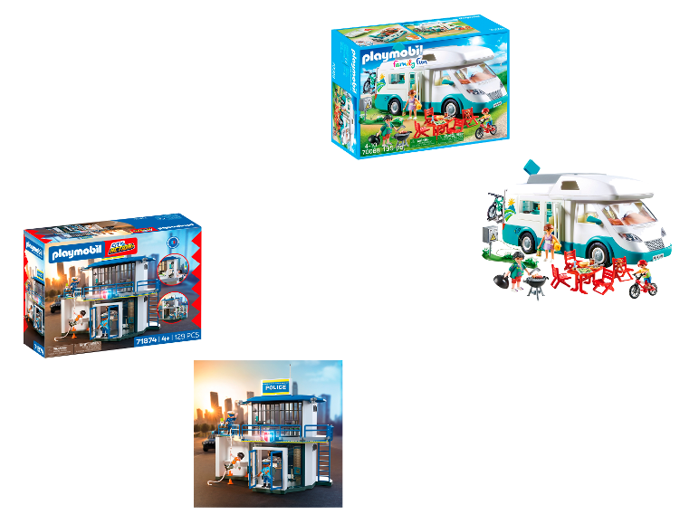 PLAYMOBIL Spielsets mit einer Polizeistation und einem Wohnmobil mit Spielfiguren.