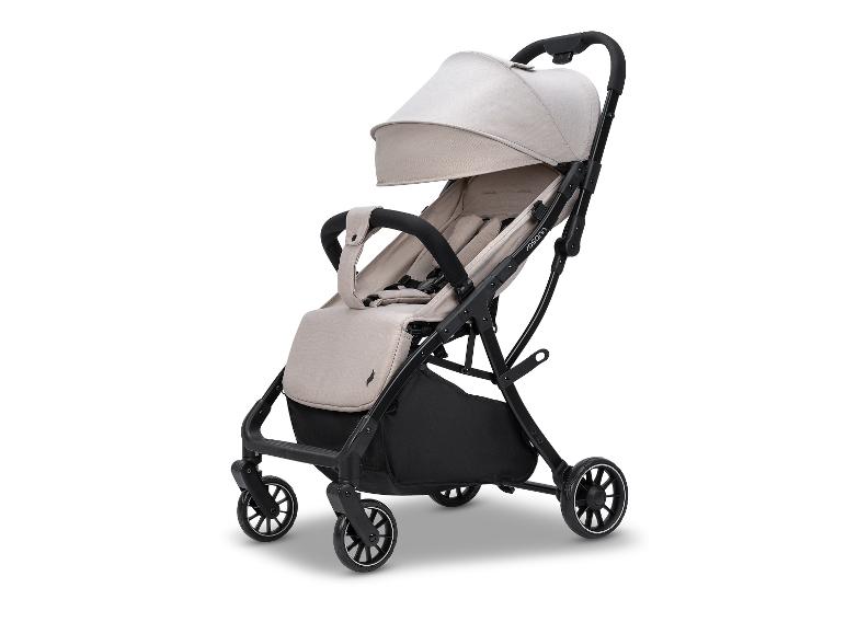 Leichter beiger und schwarzer Kinderwagen mit Verdeck und Einkaufskorb.