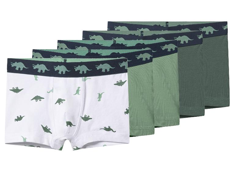 5er-Pack Kinderboxershorts mit Dinosaurier-Muster in Weiß und Grüntönen.