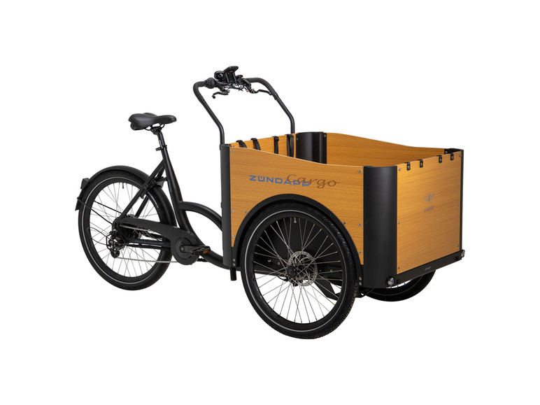 Ein schwarzes Zündapp Cargo E-Bike mit Holzkasten.