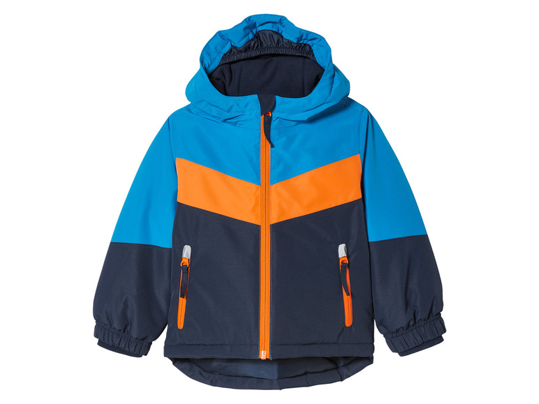 Eine blaue, orange und dunkelblaue Jacke mit Kapuze für Kinder.