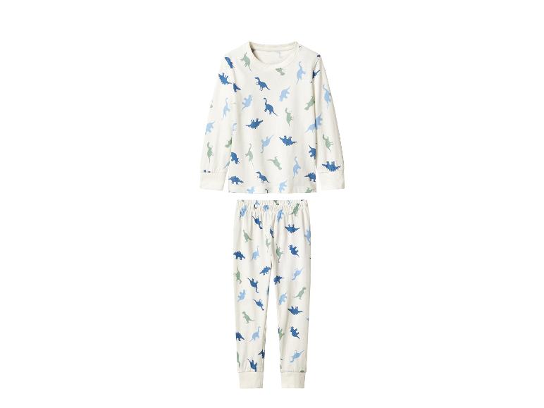 Weißes Langarm-Pyjama-Set mit Dinosaurier-Print in Blau- und Grüntönen.