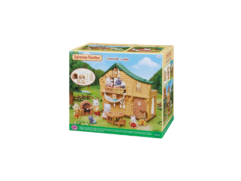 Spielhaus-Set mit Tierfiguren, Außengrill und Möbeln in einer grünen Landschaft.