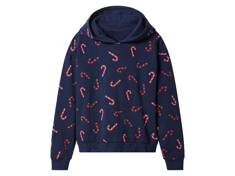 Dunkelblauer Kapuzenpullover mit rot-rosa Zuckerstangenmuster