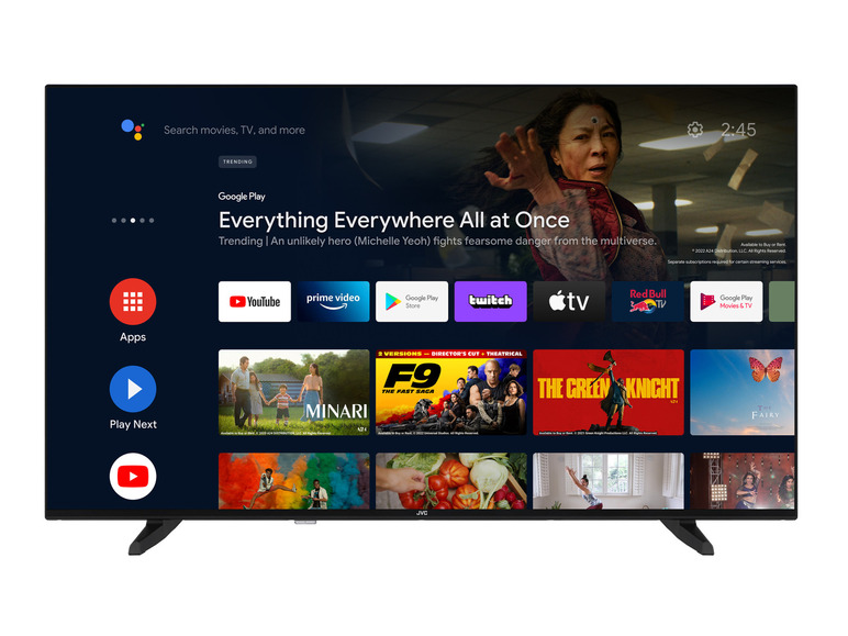 Ein Fernseher mit Google Play, der den Film 'Everything Everywhere All at Once' zeigt.