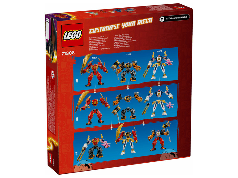 LEGO Ninjago-Sets zum Bauen von zwei Robotern: einem roten und einem weiß-goldenen.