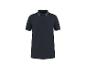 Dunkelblaues Poloshirt mit hellblau gestreiftem Kragen und Ärmelbündchen.