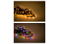 Warmweiße und bunte LED-Weihnachts-Lichterketten auf dunklem Hintergrund.