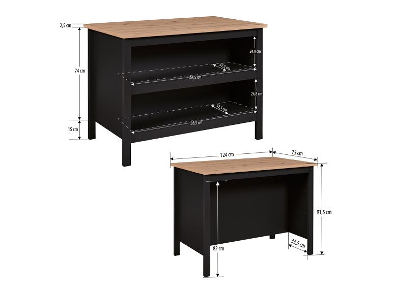 Schwarzer Schrank mit zwei Regalböden und Schreibtisch mit Holzplatte, mit Maßen.