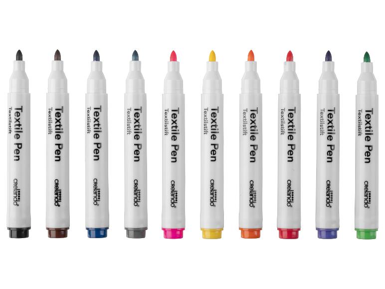 Zehn Crelando Textil Stifte in einer Reihe.