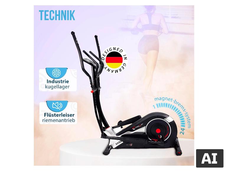 CHRISTOPEIT Crosstrainer-Ergometer AX 8000 mit deutschem Design, leisem Riemenantrieb und 24-stufigem Magnetbremssystem. [KI-generiertes Bild]
