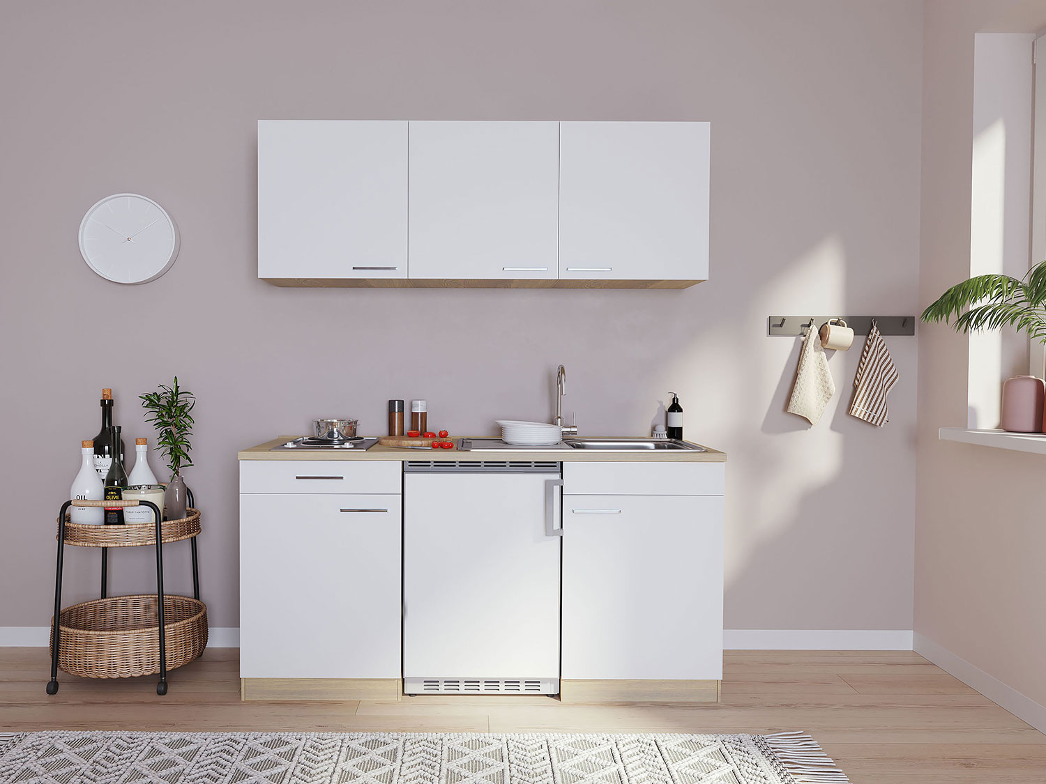 Respekta Singleküche Eiche Sonoma Sägerau 150/160/180cm (ohne Mikrowelle, weiß mit Kochmulde, Breite 150cm) | 04260344973910