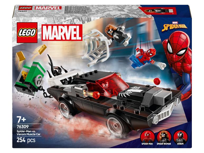 LEGO Marvel Spider-Man vs. Venom Muscle Car Set mit 254 Teilen, inklusive Spider-Man, Spider-Woman und Venom Minifiguren.