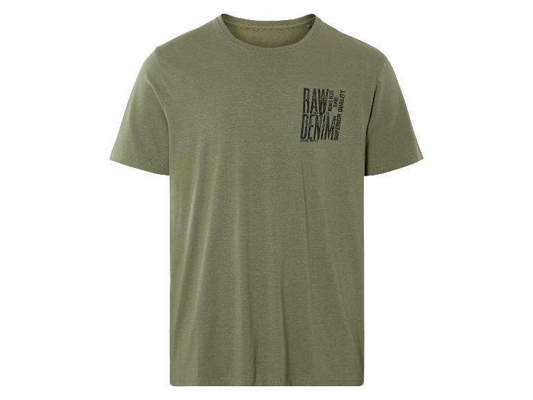 Ein grünes T-Shirt mit 'Raw Denim' Logo.
