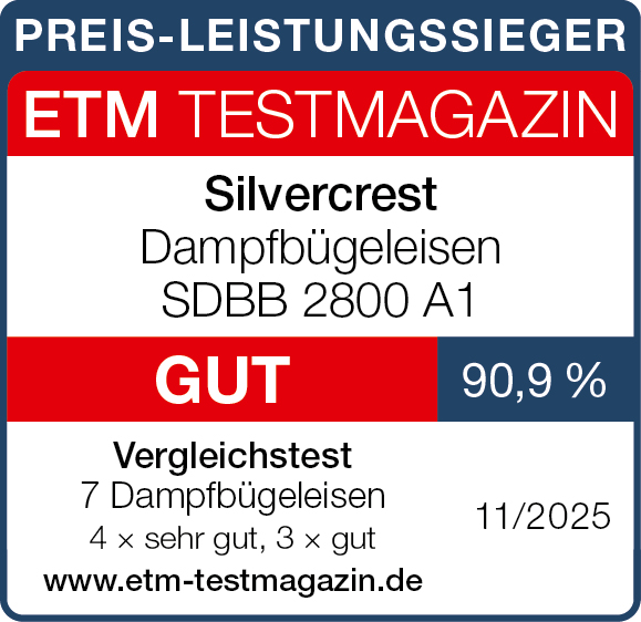 Preis-Leistungssieger Siegel: ETM Testmagazin, Dampfbügeleisen, GUT 90,9%, Vergleichstest 7 Dampfbügeleisen, 4x sehr gut, 3x gut, 11/2025.