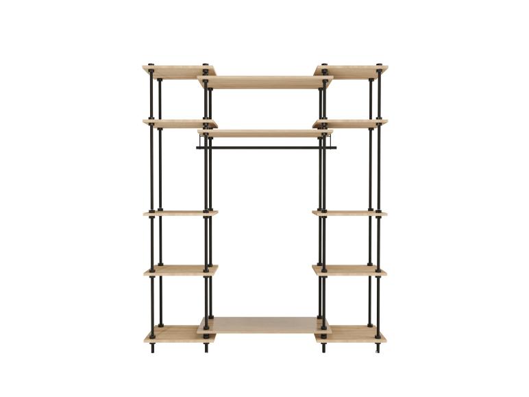 Kleiderregal aus Holz mit schwarzen Metallrohren und Kleiderstange