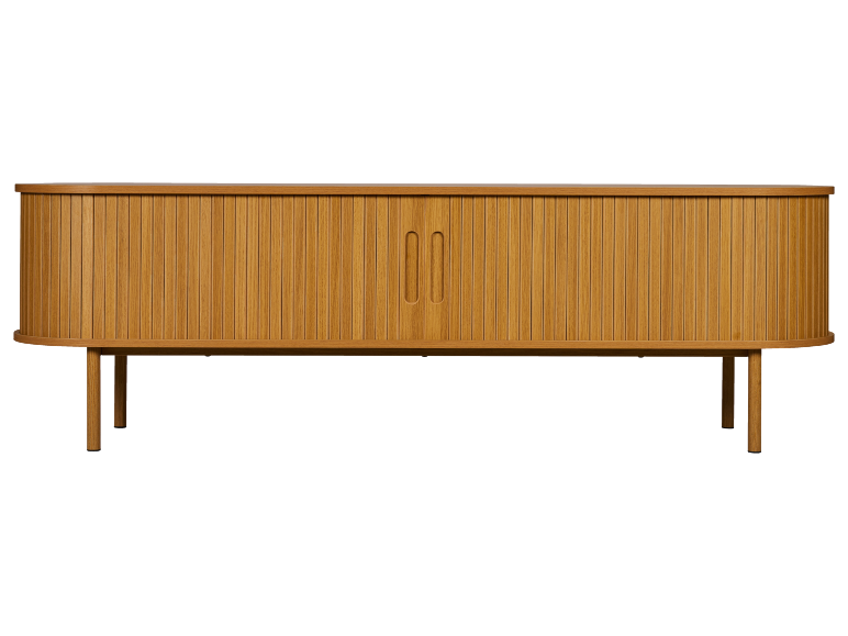 Holz-Sideboard mit Lamellentüren und abgerundeten Kanten, auf schlanken Beinen.