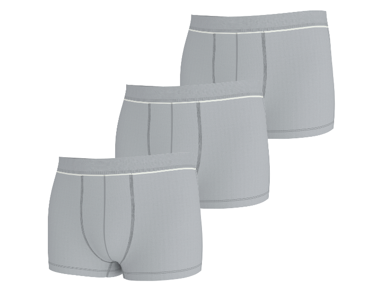 Dreierpack graue Herren-Boxershorts mit weißem Gummibund.