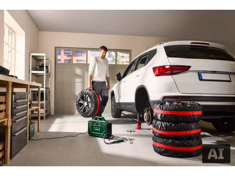 Mann in Garage wechselt Autoreifen, mit Luftkompressor und Wagenheber.