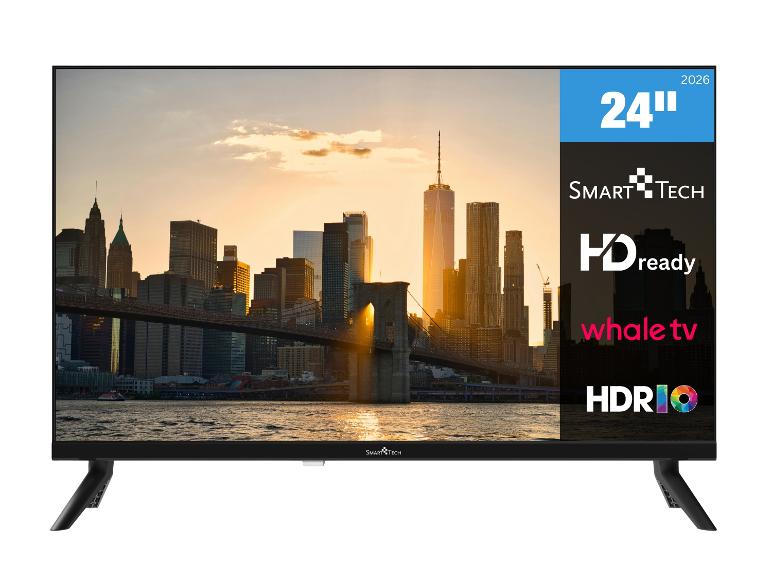 24-Zoll-Fernseher mit HD Ready, Whale TV und HDR10 Funktionen, vor Stadtkulisse.