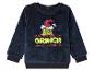 Ein dunkelblauer Pullover mit Grinch-Druck für Kinder.